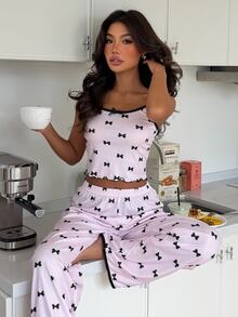 ZzzCrew Women's Bow Print Ribbed Contrast Trim Camisole & Long Pants Pajama Set - Baby Pink - View 1