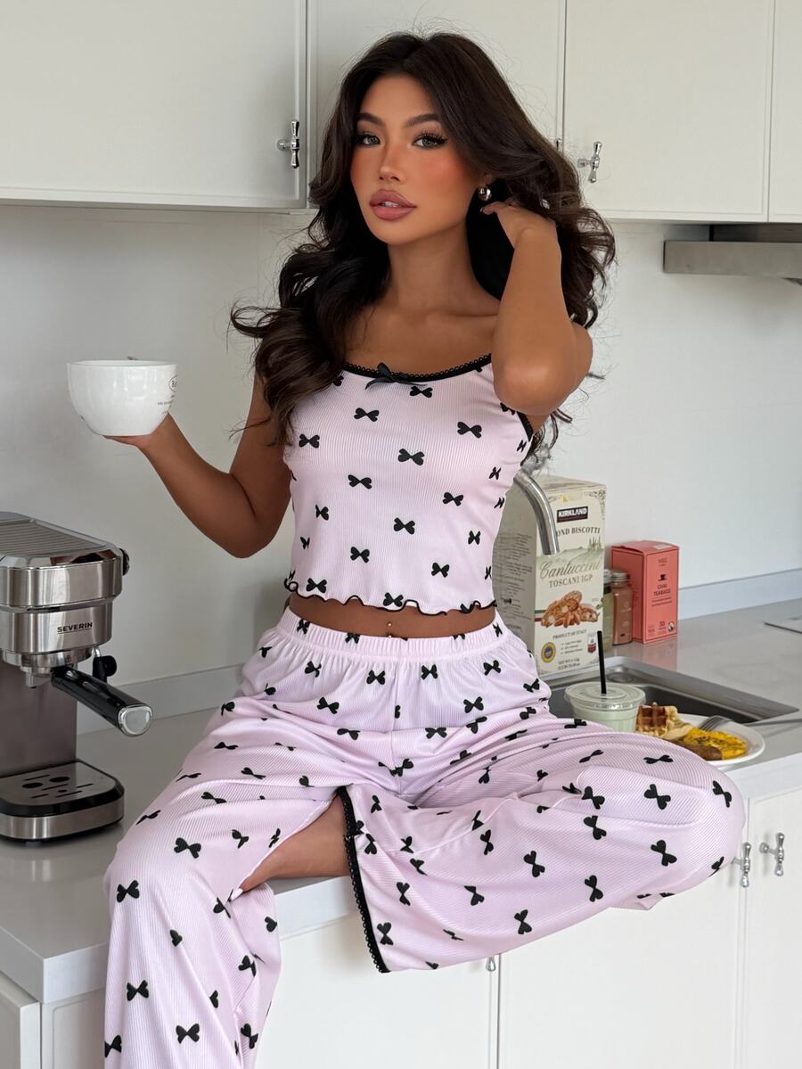 ZzzCrew Women's Bow Print Ribbed Contrast Trim Camisole & Long Pants Pajama Set - Baby Pink - View 1