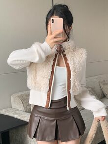 DAZY Jaket Pendek Wanita Musim Dingin Kerah Tegak Kancing Depan Bulu Halus Slim Fit Kasual Gaya Jalanan Kombinasi Warna Patchwork Elegan untuk Perjalanan Sehari-hari - Krem - View 3