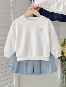 SHEIN Baby Girl Contrast Color Bow Print Cute Fleece Dropped Shoulder Thick Crew Neck Pullover Sweatshirt, Suitable For Winter - White - View 6
