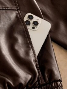 EASEVO Men's Plus Size Fashion Solid Color PU Leather Zipper Front Cargo Pocket Jacket , Beach Vacation Dark Brown Autumn Street Casual, Big And Tall Jacket - Brown - View 4