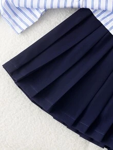 SHEIN Elladie kids 女童藍白棕色襯衫百褶裙兩件套 上衣：直條紋長袖披肩式下擺 高腰迷你裙 校園生日穿搭 - 白色 - 查看 5