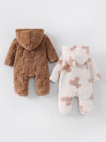 2pcs Newborn Home Romper Set, Soft Cotton Fleece, Hooded Design, Front Zipper For Easy Dressing, Full Foot Coverage, Bear Print + Plush Jacquard, Home & Outdoor Wear, 2 Colors Available - Multicolor - View 2
