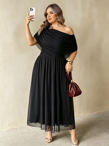 SHEIN CURVE+ New Summer Brown Asymmetrical Shoulder Cowl Neck Metal Buckle Decor Plus Size Cinched Waist Flared Mesh Double Layer Dress/Premium - Black - View 7