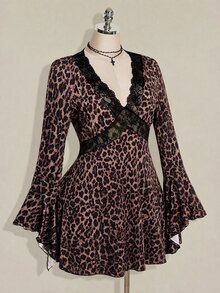 SHEIN ICON Plus Size Women's Lace Patchwork Leopard Print Dress - Multicolor - View 8