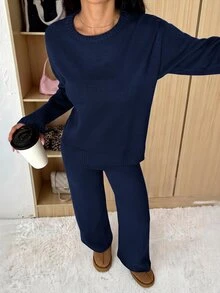 SHEIN PETITE 女款純色圓領長袖毛衣與長褲休閒常規套裝，秋冬款 - 藏蓝色 - 查看 9