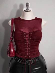 SHEIN ICON Plus Size Retro Y2K Sexy Mesh Patchwork Tank Top - Burgundy - View 11