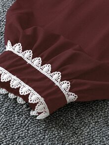DreamSkyne 大尺碼女款對比色蕾絲飾邊鈕扣襯衫 - 酒紅色 - 查看 5