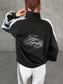 FRIFUL Women's Autumn Contrast Color Frill Trim Regular Jacket - Black - View 7
