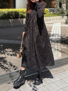 FRIFUL Women's Autumn Textured Fabric Cinched Waist Sleeveless Long Dress - Black - View 3