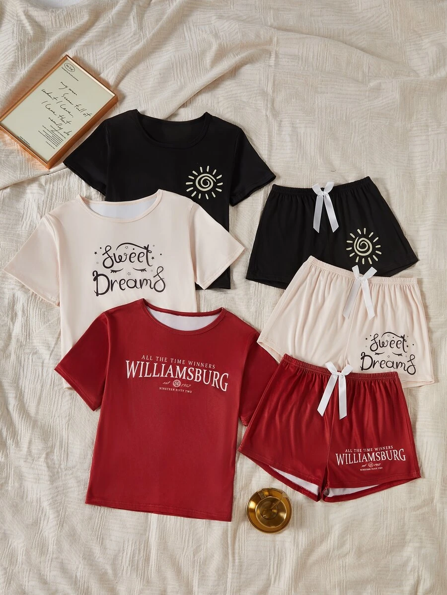 Snug Zone Letter Print Casual Pullover Short Sleeve & Shorts Set, 3-Color Combination - Multicolor - View 1