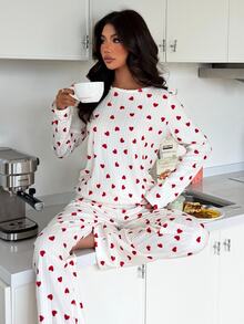 ZzzCrew Women's All-Over Heart Print Ribbed Fleece Pajama Set With Elastic Cuffs And Hem - White - View 1