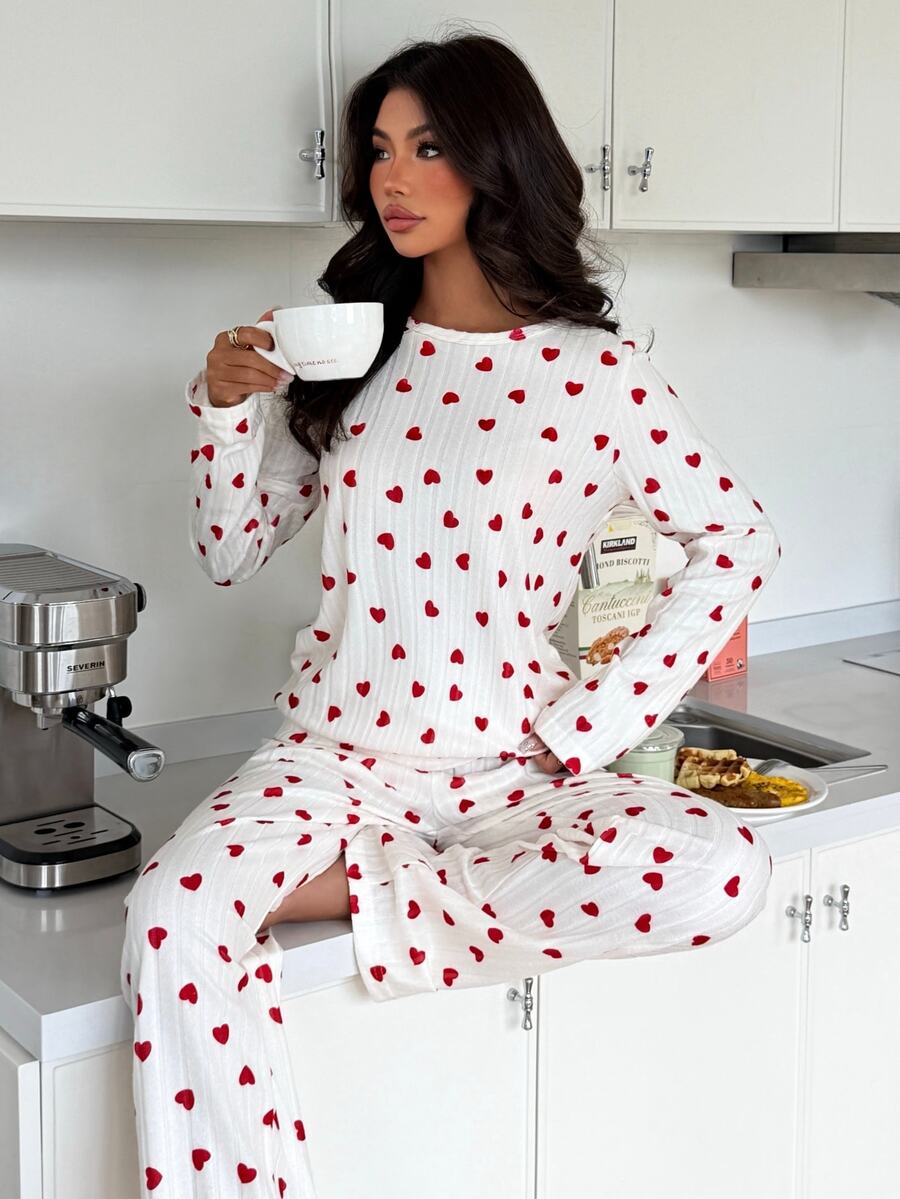ZzzCrew Women's All-Over Heart Print Ribbed Fleece Pajama Set With Elastic Cuffs And Hem - White - View 1