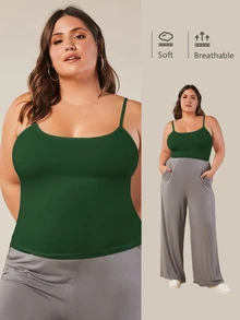 SHEIN BASICS 大尺碼純色細肩帶背心上衣 夏季女款穿搭上衣 - 墨綠色 - 查看 7
