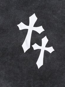 青少年男孩印花水洗做舊復古龐克街頭風休閒寬鬆連帽拉鍊運動外套 - 黑色 - 查看 5