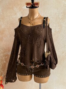 Soleia Women's Fashion Sequin Knit Distressed Y2K Decor Asymmetrical Knit Top - Brown - View 5