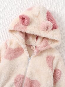 Cozy Pixies 女嬰 3D 耳朵珊瑚絨加厚愛心圖案連帽長袖冬季外套 - 彩色 - 查看 3