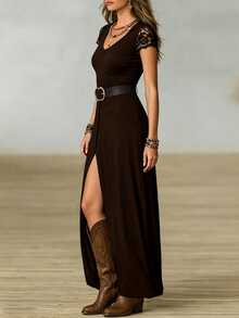 Hotletica Gaun Wanita Elegan Warna Polos dengan Lengan Renda dan Sabuk Pinggang Kasual, Musim Panas - Coklat - View 8