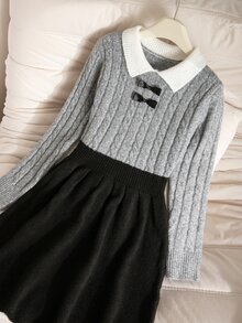 SHEIN Gaun Rajut 2 in 1 Gaya Manis untuk Anak Perempuan, Kerah Warna Kontras, Tekstur Rajut Kabel, Dekorasi Pita, Pinggang Ramping, Gaun Sweater Lengan Panjang Model A-Line - Grey - View 5