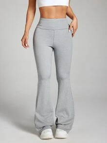 SHEIN Sports Solid Color Wide Waist Flared Leggings - Grey - View 3