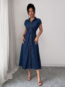 Elenzga Batwing Sleeve Ruched Button-Down Washed Denim Dress, Fashionable And Elegant - Dark Wash - View 3