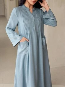 Veilorie فستان عربي للنساء بياقة V محززة وأكمام طويلة وتصميم جيب مطوي - أخضر - مشاهدة 3
