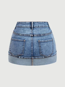 SHEIN PETITE Women's Fashion Rhinestone Button Pocket Denim Mini Skirt - Black - View 2