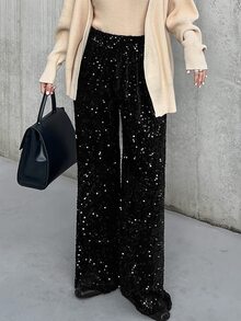 FRIFUL Celana Panjang Wanita Model Lurus dengan Hiasan Payet untuk Musim Gugur - Hitam - View 3