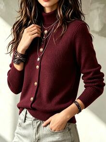 LUMIGAL Women's Solid Color Casual Versatile Daily Wear Knit Top - Burgundy - View 4