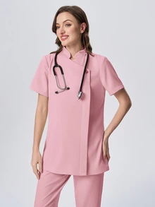 Scrubzie Solid Color Short Sleeve Top And Long Pants Scrub Uniform Set - Pink - View 5