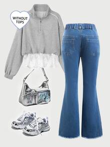 TWEEN GIRLS Tween GirlsDenim Jeans, Vintage Washed Color, Street Style Fashion, Distressed Ripped Hem, Flared Leg, Versatile Fashion New Style - Dark Wash - View 2