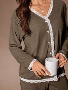 Lazeform Autumn/Winter V-Neck Cardigan Button Long Sleeve Lace Patchwork Top And Straight Leg Pants Women's Pajama Set - Brown - View 4