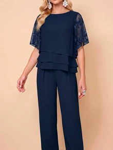 Amorya Women's Elegant Casual Commute Floral Embroidered Mesh Patchwork Shirt Pants 2 Pieces Set Wedding Party Cocktail Formal Navy Blue Summer - Navy Blue - View 3