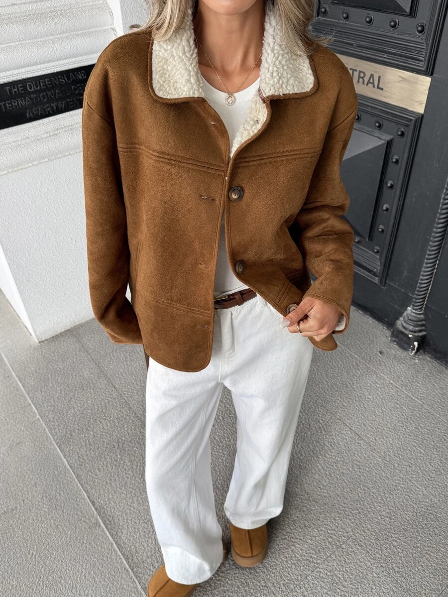 Pariaura Women's Fall Winter Brown Lapel Suede Fleece Panel Single-Breasted Jacket,Loose Long-Sleeve Top,Chic Occasion Wear For Daily Outing Commute Coat - Brown - View 1