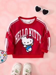 HELLO KITTY AND FRIENDS | SHEIN 女嬰字母條紋印花圓領長袖休閒衛衣 - 紅色 - 查看 1