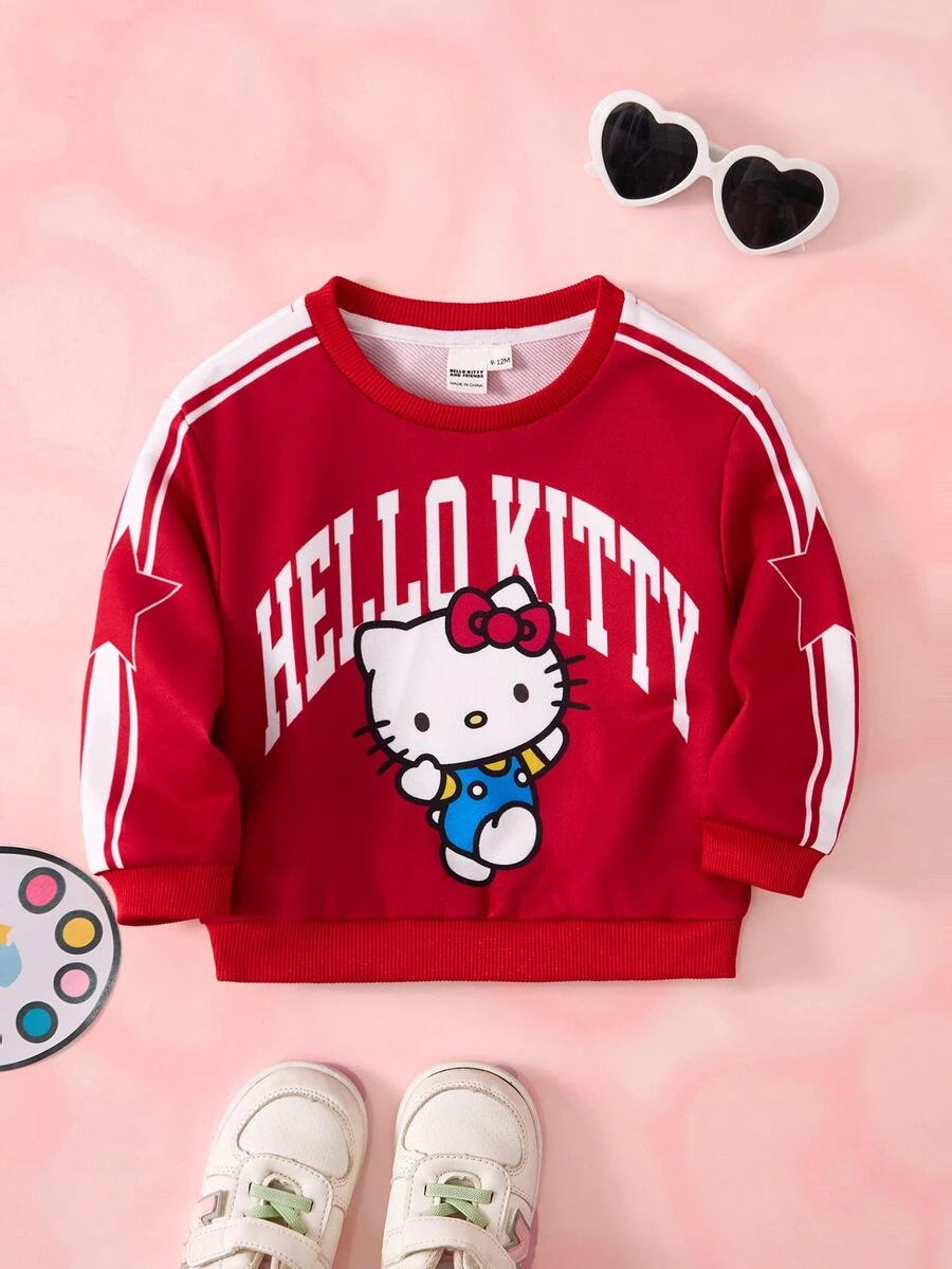 HELLO KITTY AND FRIENDS | SHEIN 女嬰字母條紋印花圓領長袖休閒衛衣 - 紅色 - 查看 1