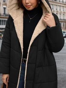 Reflora Plus Size Long Thick Thermal Lined Hooded Padded Coat For Autumn/Winter - Black - View 7
