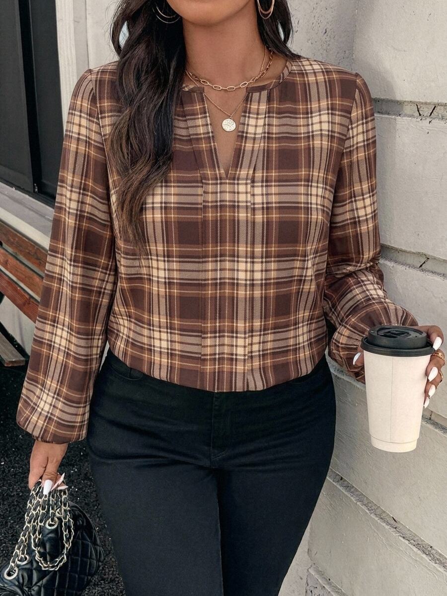Travachic Plus Size Casual Minimalist Vintage Plaid Pattern Shirt Suitable For Spring And Summer - Multicolor - View 1
