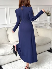 Feyla Gaun Midi Wanita Elegan, Dewasa, Cocok untuk Acara Komuter, Makan Malam, Koktail, Kencan, dengan Patchwork Renda, Warna Biru Tua, Musim Gugur - Royal Blue - View 3