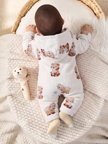 SHEIN 新生兒男嬰/女嬰可愛秋冬休閒白色毛絨卡通熊圖案連帽連身衣家居服 - 彩色 - 查看 2