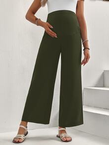 SHEIN Maternity Solid Color Adjustable Waist Casual Wide Leg Pants - Army Green - View 3