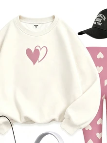 灰色海鷗灰，甜美女孩心形圖案印花，青少年女孩休閒舒適圓領長袖運動衫與內搭褲，適合秋冬日常穿著、外出，休閒秋冬穿搭，舒適季節，女孩風 - 白色 - 查看 5