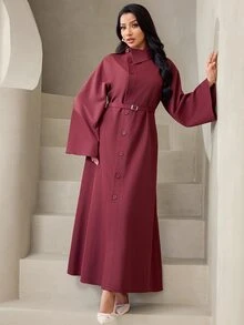 Veilorie Women's Elegant Commute Front Button Flared Sleeve Dress - Brown - View 7