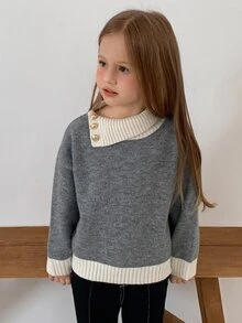 DAZY Young Girl) Colorblock Collar Long Sleeve Autumn/Winter Grey Design Sweater - Grey - View 4