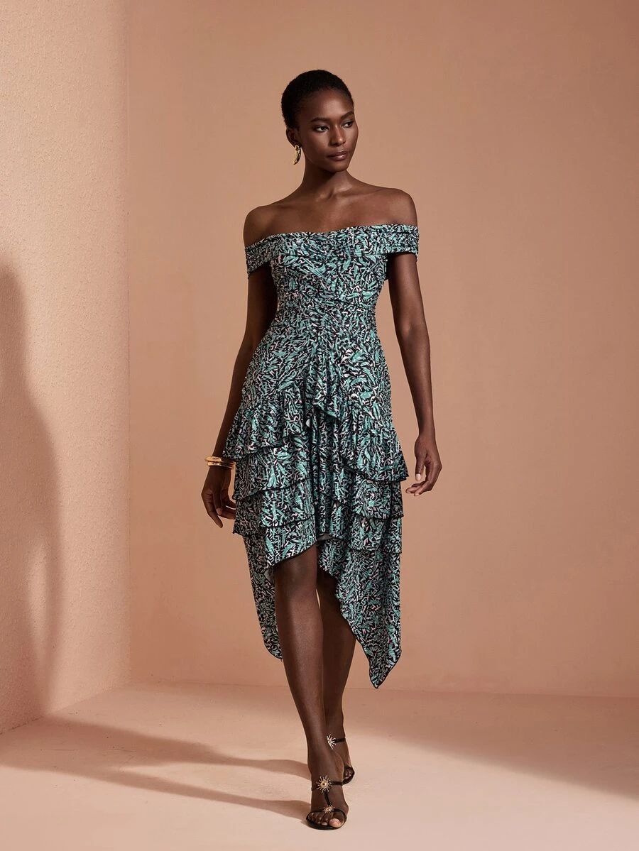 JIAN LASALA Gaun Midi Rajut Tanpa Bahu dengan Lipatan Berlapis-lapis dan Hemline Tidak Rata, Gaun Liburan Elegan - MultiWarna - View 1