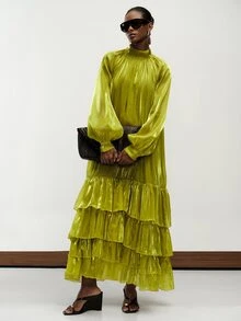 Aveloria Modichic Autumn/Winter Light Green Satin-Like Fabric Stand Collar Robe-Style Layered Ruffle Hem Long Sleeve Women's Extra Long Dress Elegant Party Dinner - Green - View 4