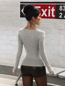 StreetHx Early Autumn New Spicy Girl Style Large Scoop Neck Patchwork Deep Draped Neck Ruffle Solid Color Soft Elegant Minimalist Sexy Style Slimming Long Sleeve Top For Women - Grey - View 2
