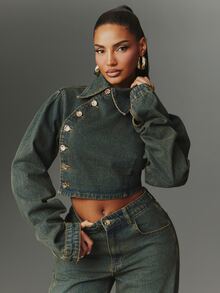NYA SZN Denim Jacket Button Front Napoleon Tinted Long Sleeve Collared Streetwear Casual Everyday Party Concert Festival Dark Wash Chic Cute Fall Winter - Medium Wash - View 5