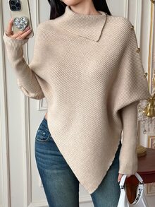 DAZY Autumn/Winter Asymmetrical Hem Cape Batwing Sleeve Metal Button Decor Commute Elegant Women Blouse - Apricot - View 5