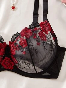 SHEIN 1件舒適刺繡花卉蕾絲薄罩杯大尺碼女款鋼圈內衣 - 彩色 - 查看 4